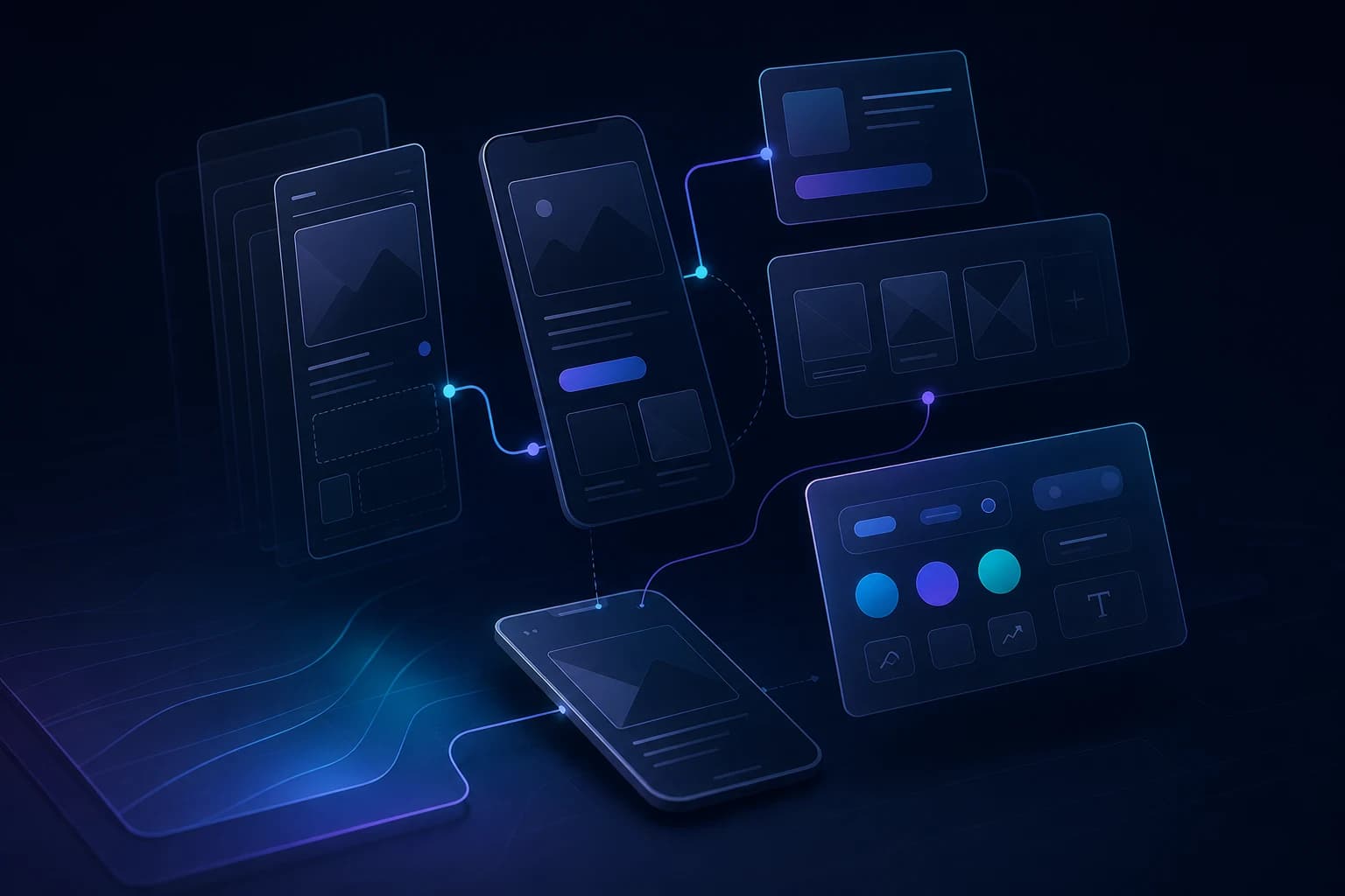 Abstract UX and UI design system with wireframes and prototype paths
